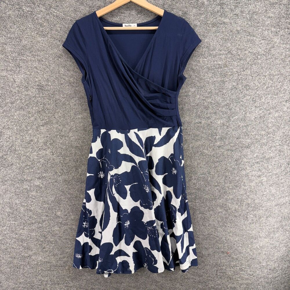 Yeslife Dress Women L Large Blue Floral Sheath Midi V-Neck Short Skeeve Cotton